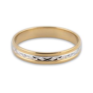 Obrączka ślubna Carme — dwukolorowa obrączka z trójkątną fakturą diamond-cut w centralnym pasku. Złoto 585