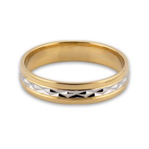 Obrączka ślubna Onyx — szersza dwukolorowa obrączka z trójkątną fakturą diamond-cut w centralnym pasku. Złoto 585