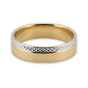 Obrączka ślubna Salina — dwukolorowa obrączka z fakturą diamond-cut w pasku wzdłuż górnej krawędzi. Złoto 585